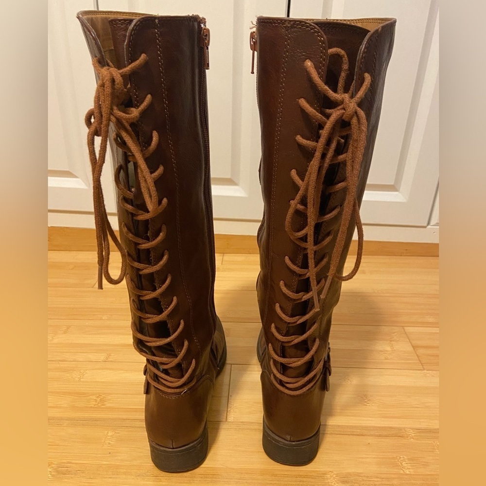 Brown Knee-High Equestrian Style Lace-Up Riding Boots Size 6 Vegan Leather - Picture 4 of 8